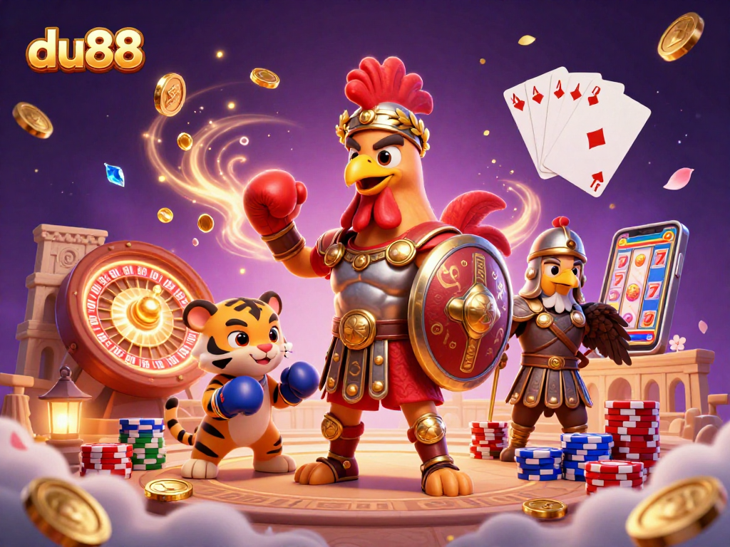 Win big at du88 with a gladiator rooster and a vibrant casino scene, featuring dynamic game elements.