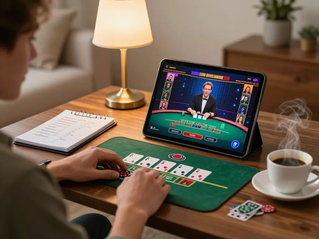 Playing live dealer blackjack on a tablet at home, showcasing nhà cái kp88 immersive online casino experience.