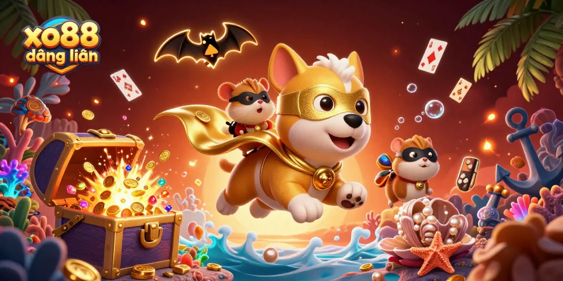 Experience excitement with xo88 đăng nhập as a superhero dog and sidekick explore vibrant casino treasures.
