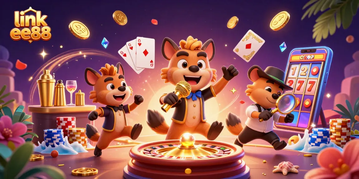 Link ee88 showcases a vibrant casino scene with hyenas entertaining, spinning roulette and dynamic slots.