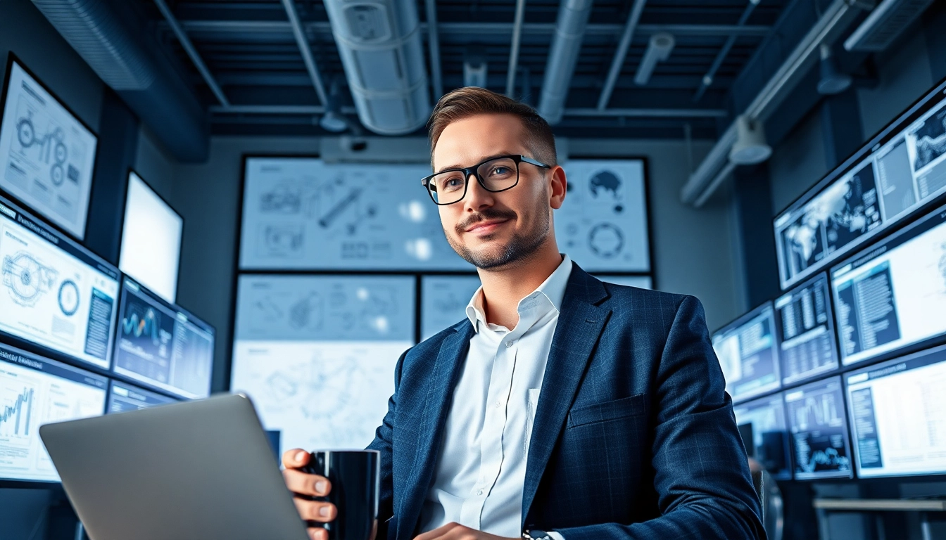 Headhunter Ingenieure in einem modernem Büro, umgeben von technischen Zeichnungen.