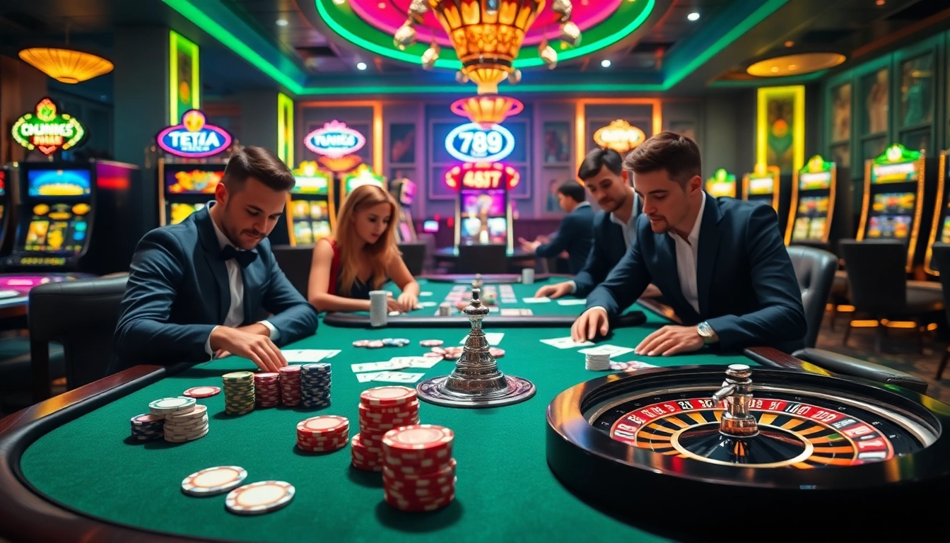 Exciting gambling action at 789club with poker chips, cards, and roulette wheel.