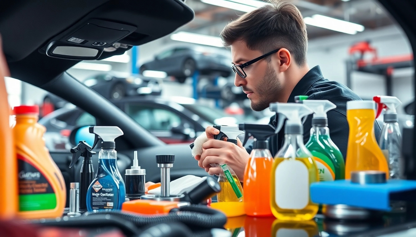 Fahrzeugaufbereiter reinigt ein Auto mit hochwertigen Werkzeugen in einer professionellen Umgebung.