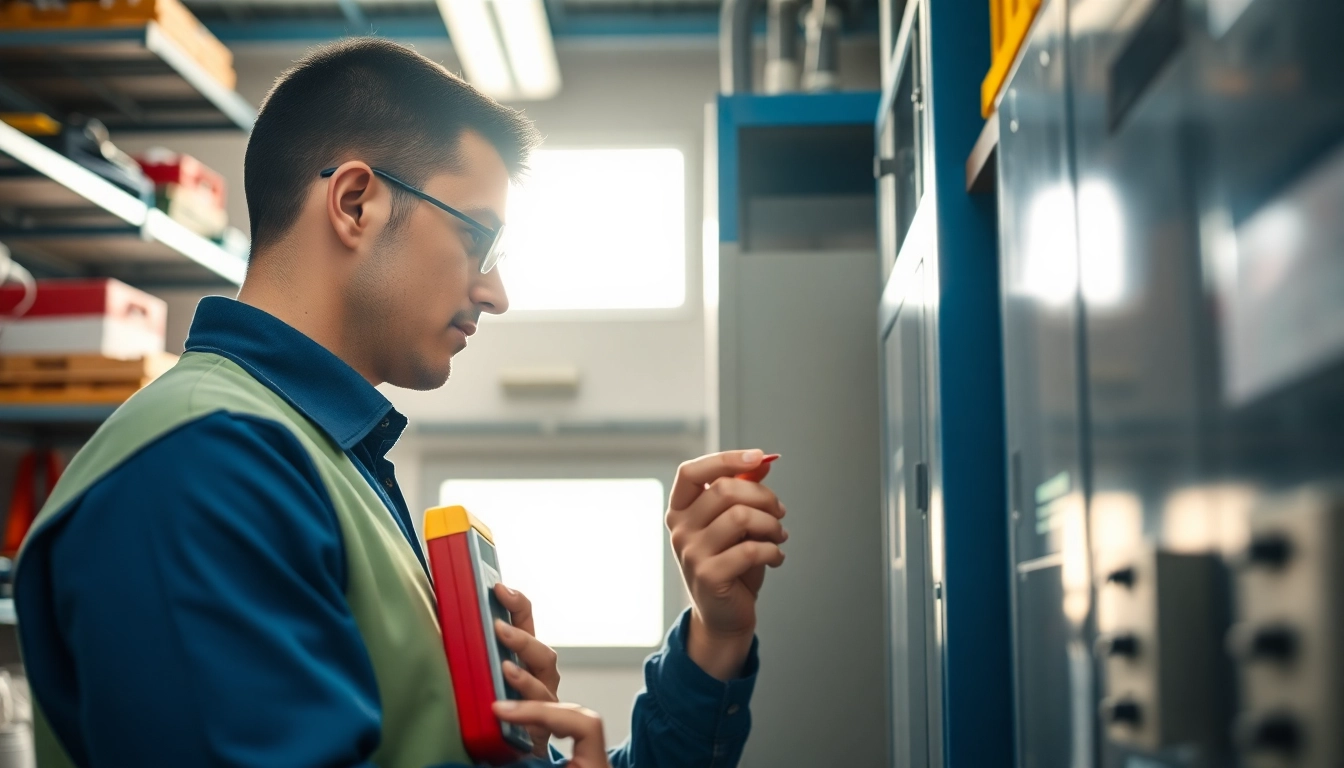 Fachmann bei der Durchführung der DGUV V3 Prüfung, der elektrische Ausrüstung inspiziert und sicherstellt.