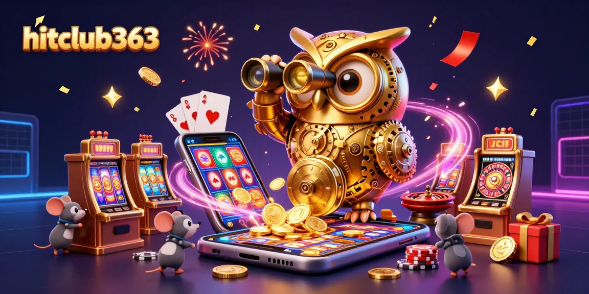 Experience thrilling action at hitclub363 with an owl overseeing vibrant slot games and festive atmosphere.