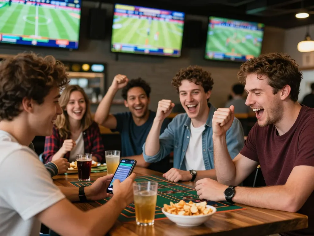Friends enjoying sports betting excitement using the TOPBET app at a lively sports bar.