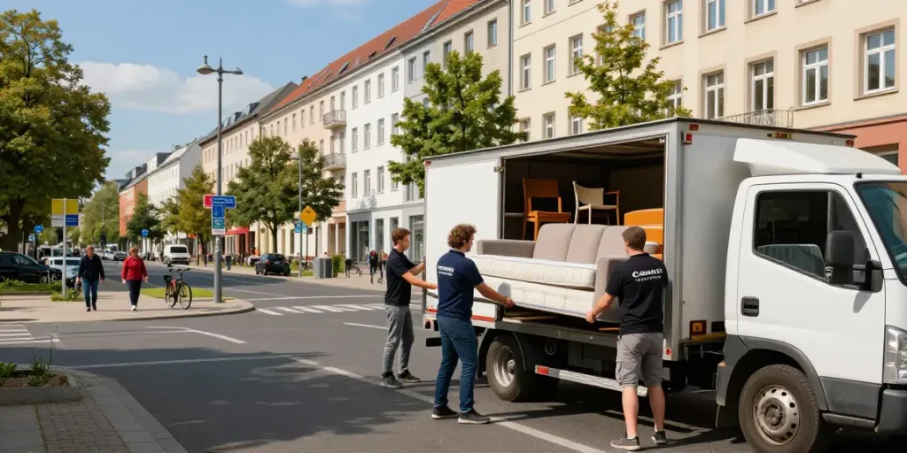 Effiziente Möbelentsorgung in Berlin mit freundlichem Team beim Laden alter Möbel in ein Fahrzeug.