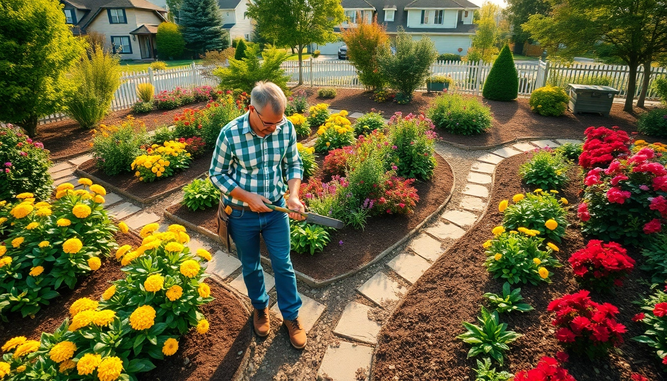 Gartenbau ausgebildeter Landschaftsgärtner pflegt einen bunten Garten mit blühenden Pflanzen.