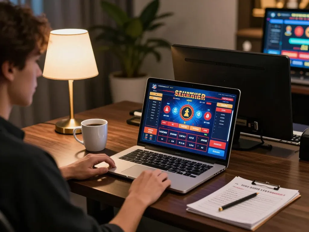 Person engaged in online gambling at a stylish setup, showcasing cloud-africa gaming interface, relaxed atmosphere.
