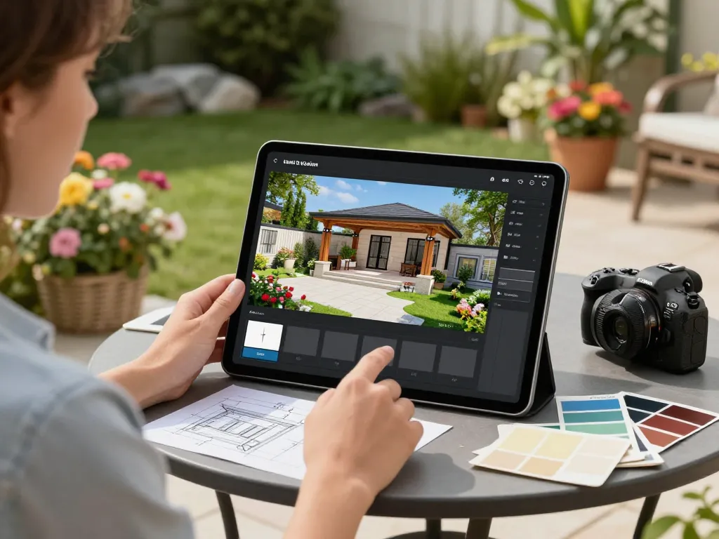 Fesselnde Szene eines Nutzers, der einen Veranda 3D Konfigurator auf einem Tablet verwendet, der Technologie mit Außendesign verbindet.