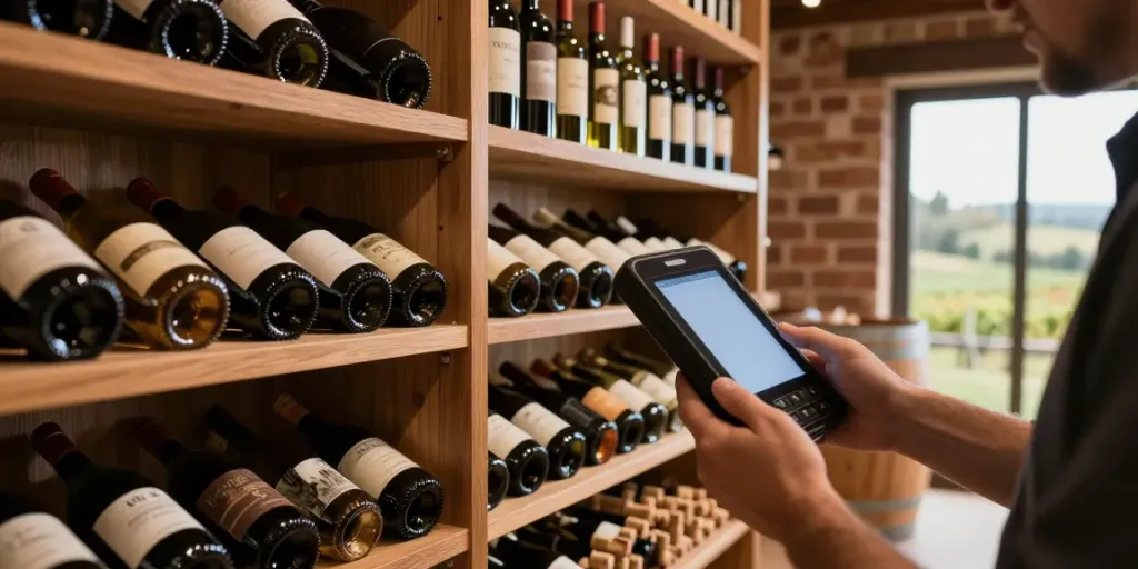 Weinlexikon in einem eleganten Weinkeller mit Flaschen und Smartphone.