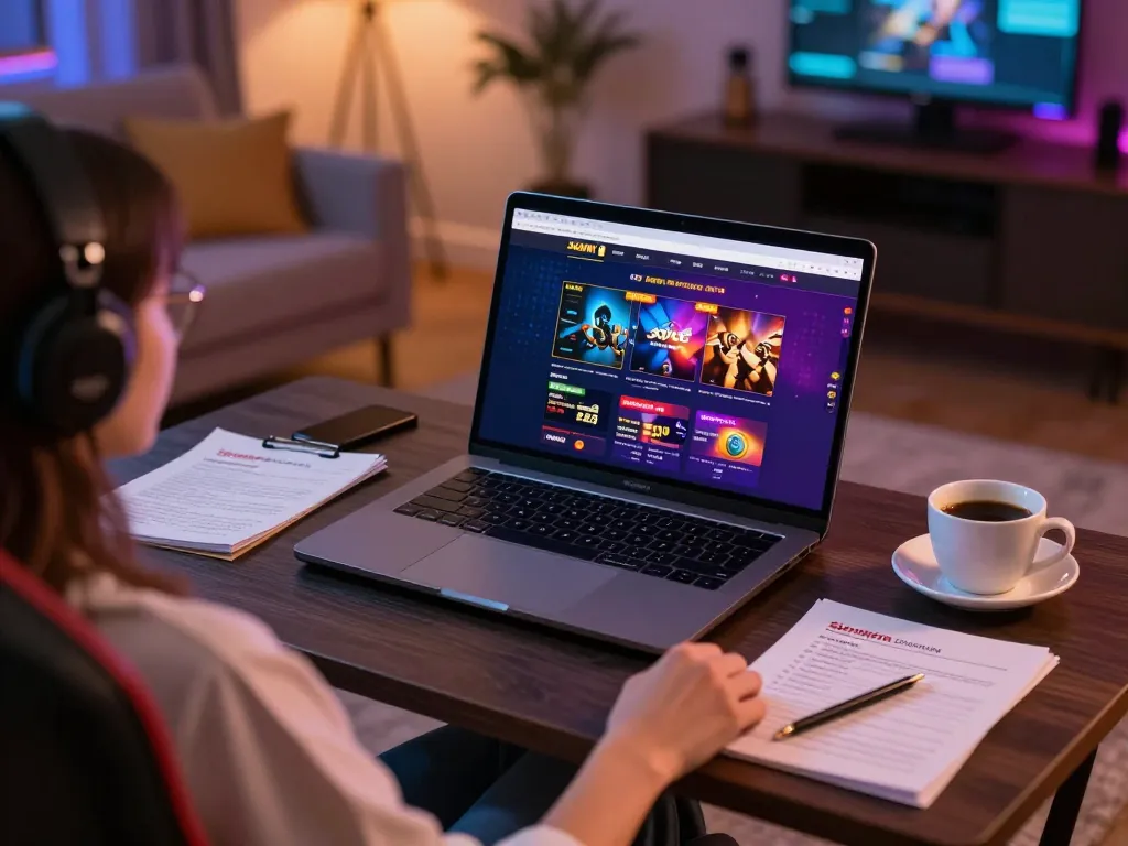 Sunwin online casino interface displayed on a laptop in a cozy home gaming setup, person engaged in strategic gameplay