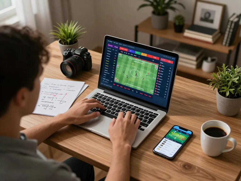 Betting strategies unfold on mb668 as a player engages online with sports odds displayed on a laptop.