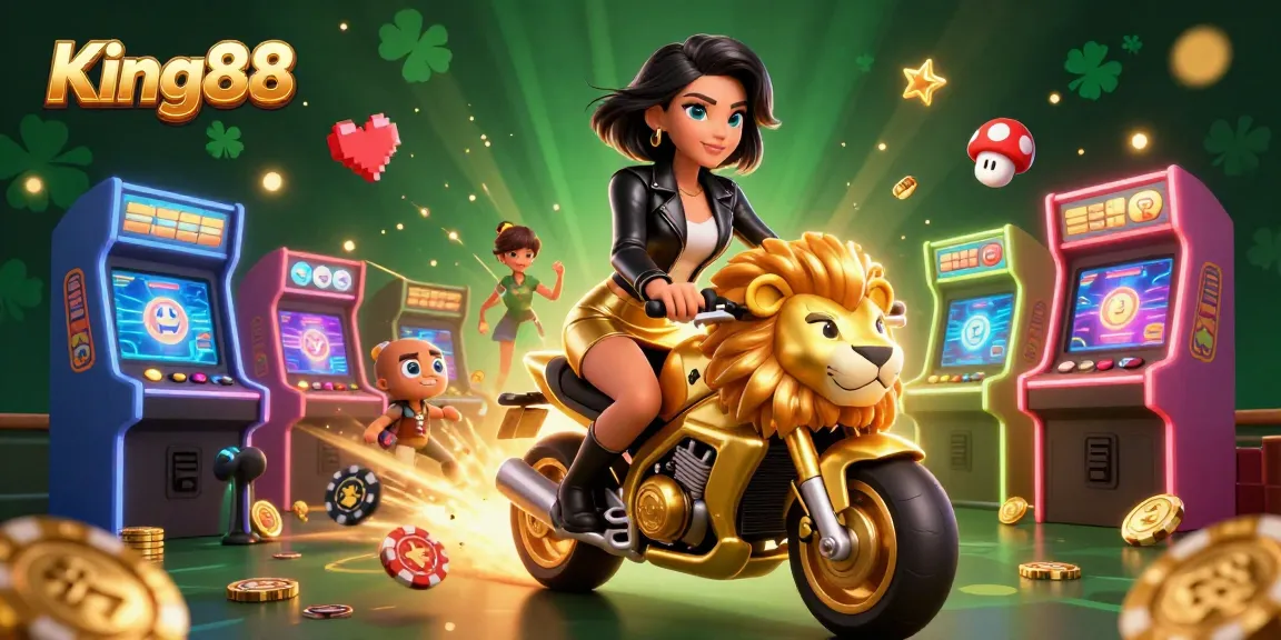 Experience thrilling gameplay at King88 with a glamorous woman riding a golden lion surrounded by casino games.