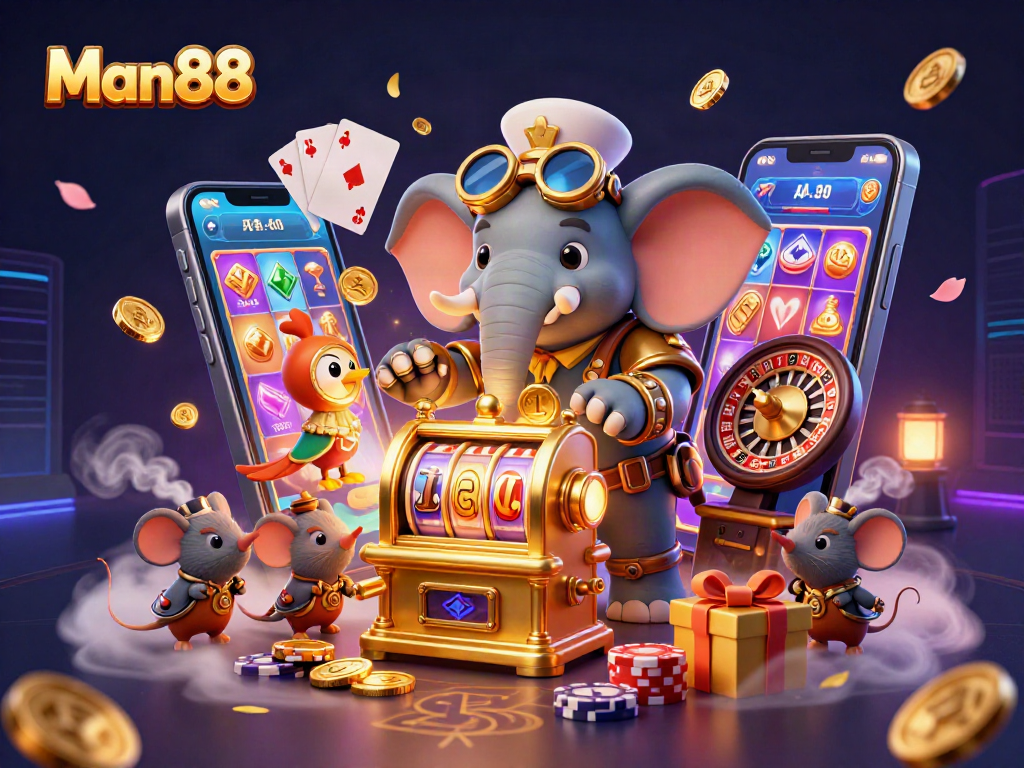 Man88 spins the slot machine in an exciting 3D casino scene filled with vibrant game elements.