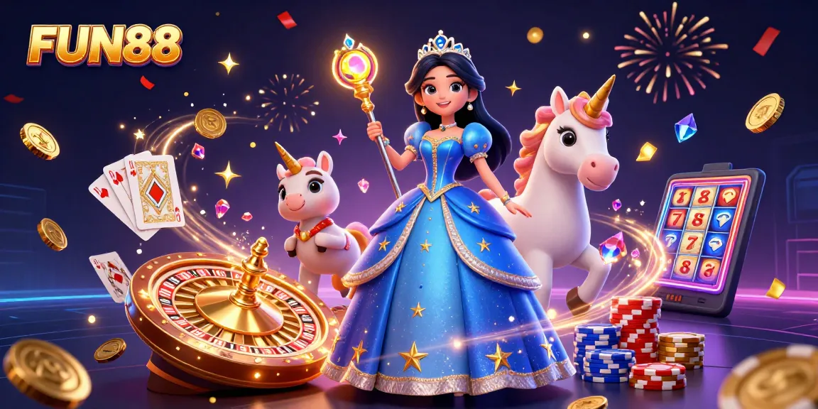 Play exciting games at FUN88 with a stunning royal character and vibrant casino elements.