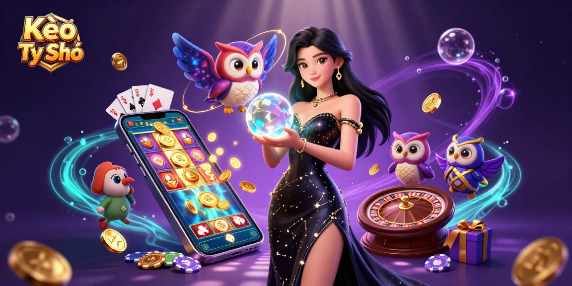 Engaging illustration highlighting Kèo Tỷ Số sports betting with a glowing crystal ball and casino elements.