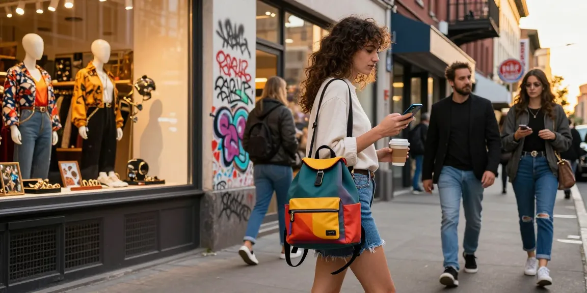 Stylische Frau mit Retro Rucksack Damen, urbaner Look in belebter Stadtstraße während der goldenen Stunde