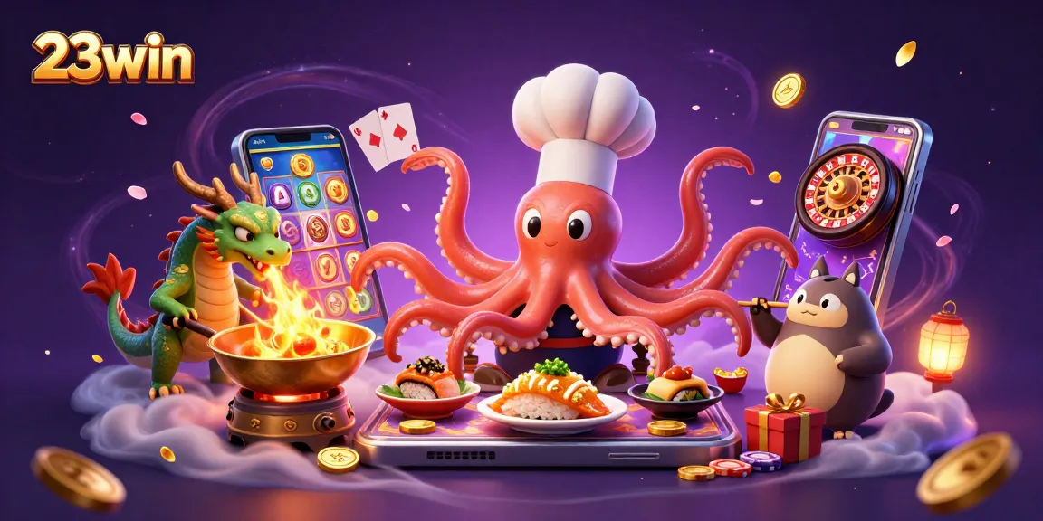 Engage with the vibrant 23win casino scene, showcasing animated characters and exciting games.