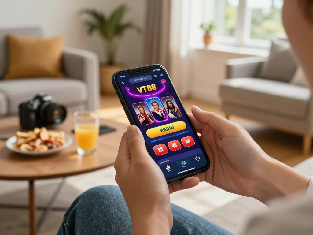 Experience thrilling gameplay with VT88 on a mobile casino app in a cozy living room.