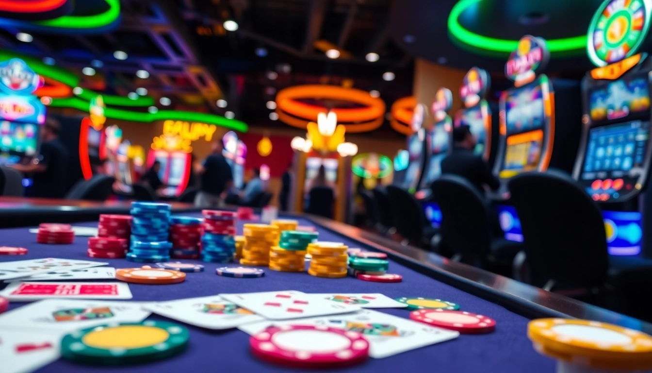 Beim Spielen von Casino Spiele.de mit bunten Chips und Karten an einem lebhaften Tisch.