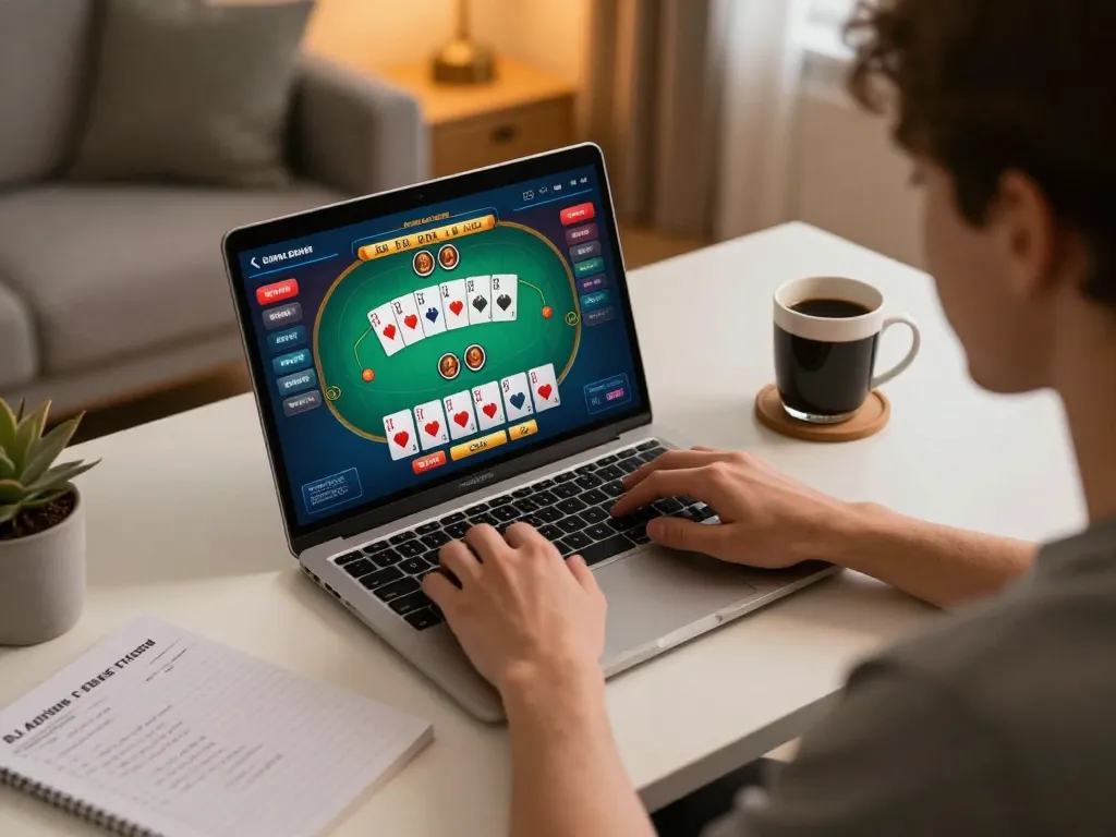 hướng dẫn 23win using a laptop for online casino poker gameplay at a cozy home desk