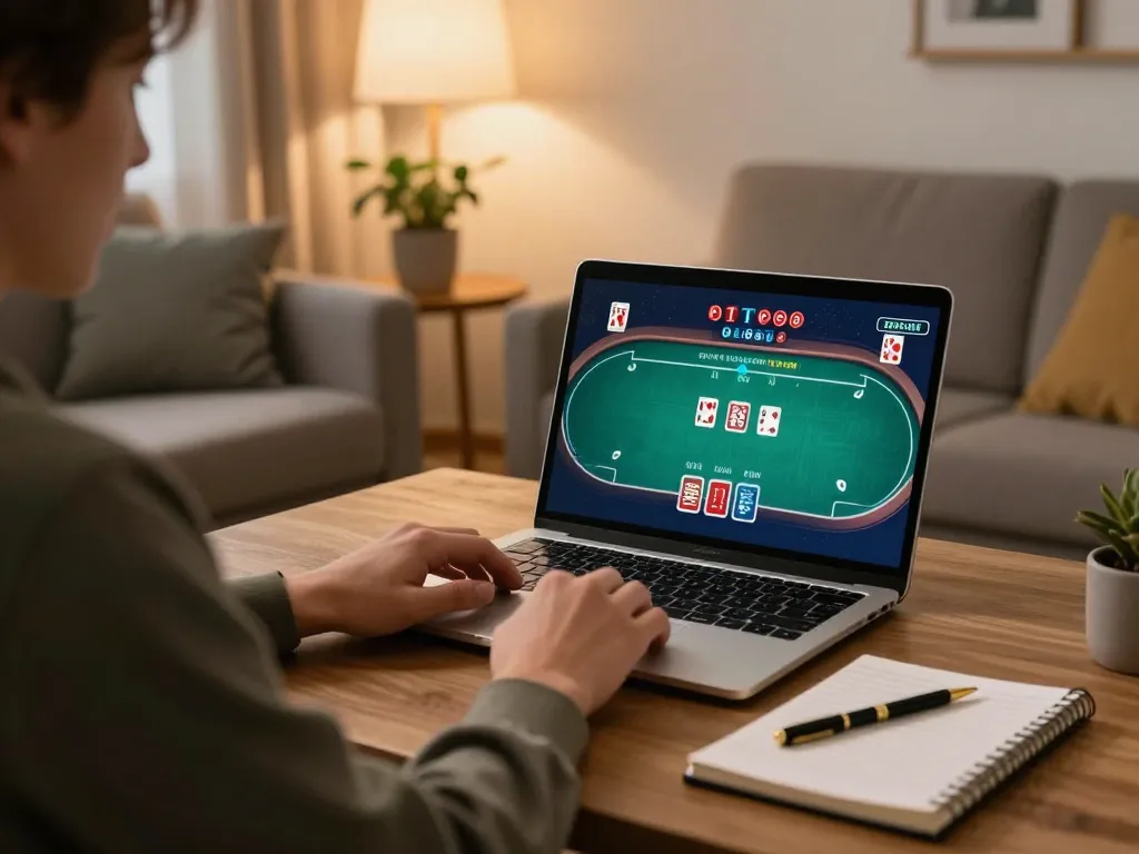 Engaging in online poker gameplay with 33win login, tracking strategies in a cozy home setting.