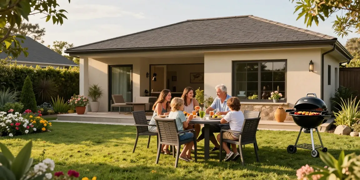 Freistehende Terrassenüberdachung in einem sonnigen Garten mit Familienfeier.