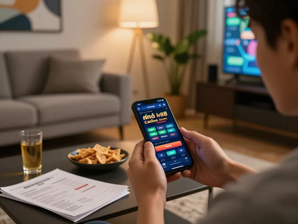 Engaged player using nhà cái lv88 app on smartphone for online gambling.