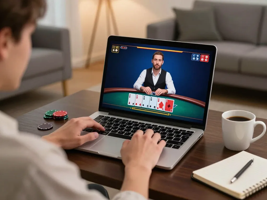 Player engaging in live dealer blackjack on RR88 in cozy home setting, showcasing responsible online gambling