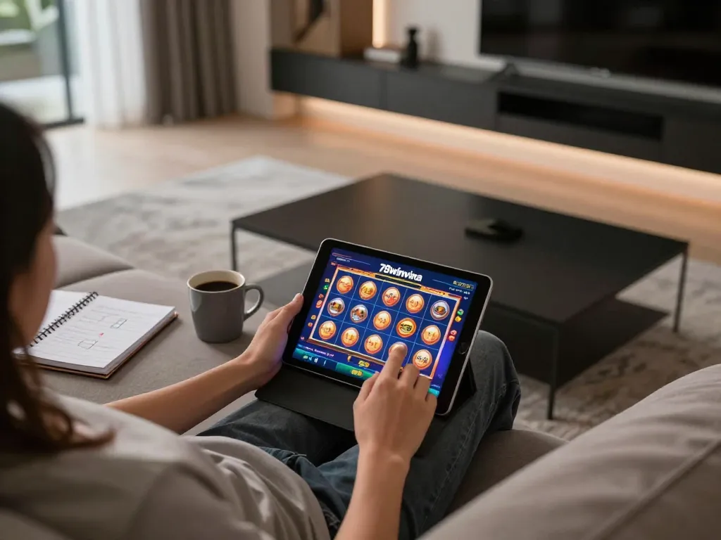 Engaging in online gaming at 78winvina with tablet in cozy living room atmosphere