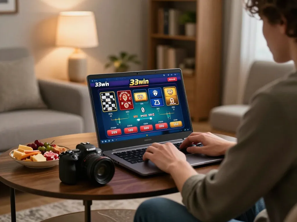 Engaging view of 33win online casino gameplay showcasing a player using a laptop in a cozy setting.