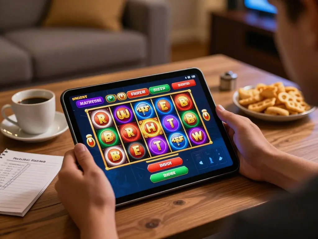 Người chơi LUCK8 tương tác với ứng dụng game slot, tận hưởng không khí chơi game thoải mái tại nhà.