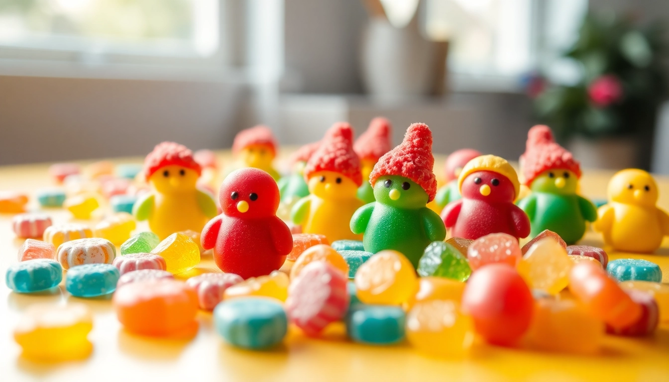 Handcrafted edibles gummibärchen displayed artfully on a vibrant tabletop.