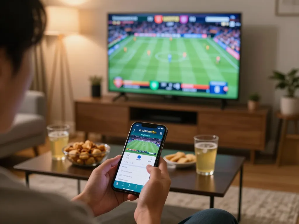 Engaged bettor checking บ้านผลบอล7m live scores on smartphone in cozy home setting