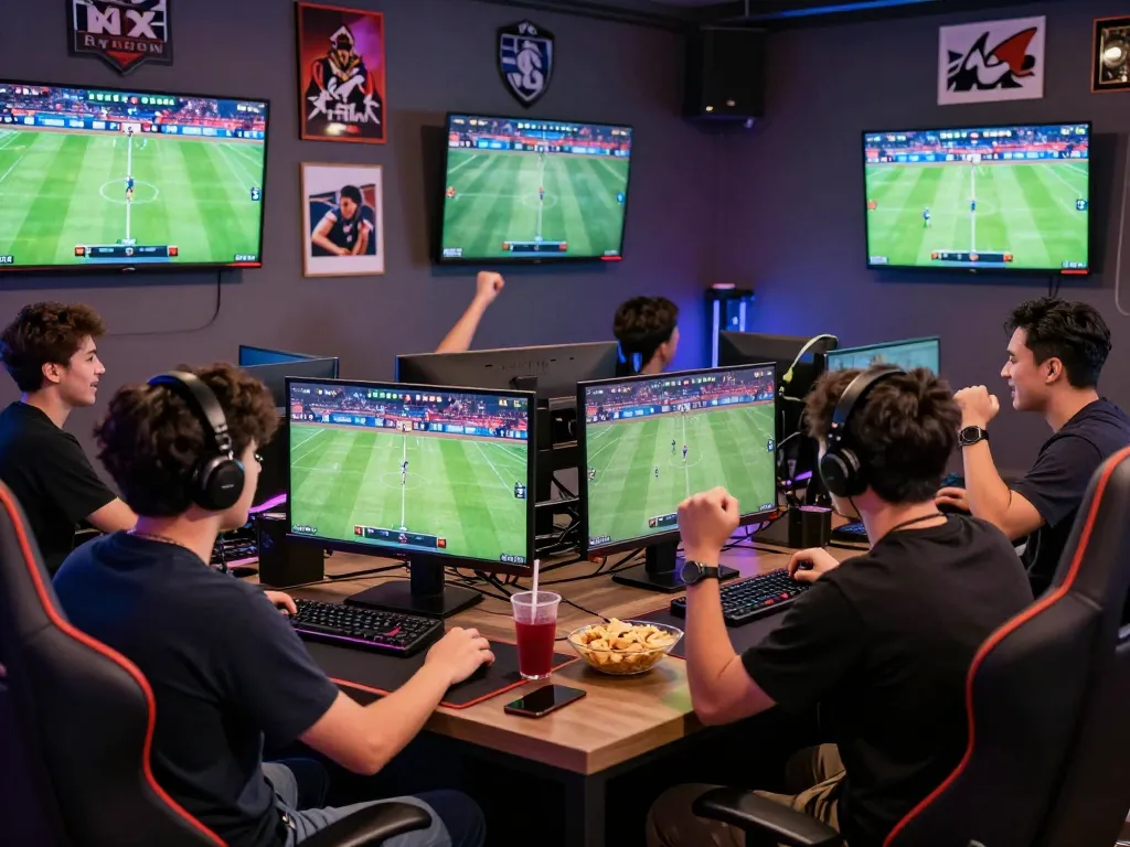 Engaged group enjoying online betting at nhà cái Onbet's vibrant gaming lounge.