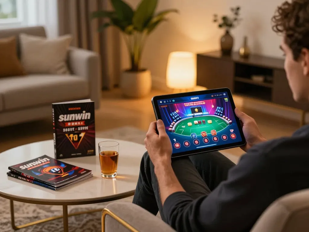 Engaging in sunwin poker gameplay on a tablet in a cozy home setting, highlighting a strategy-focused moment.