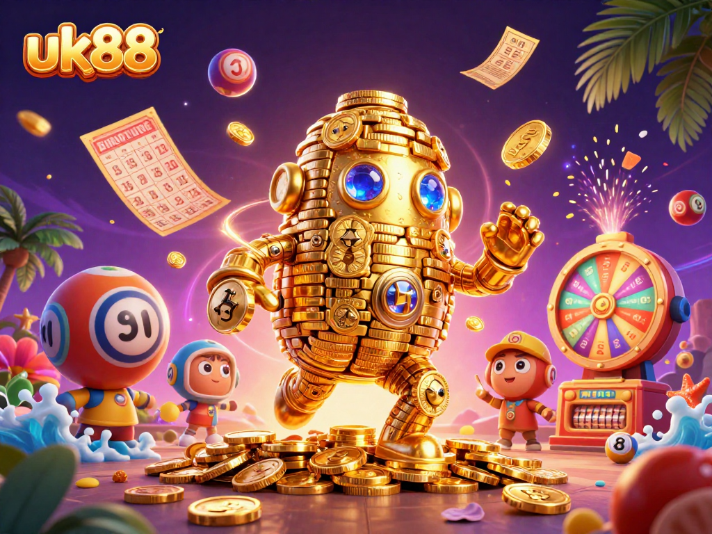 Engage with exciting games at uk88, celebrating luck with a golden golem amidst vibrant lottery elements.