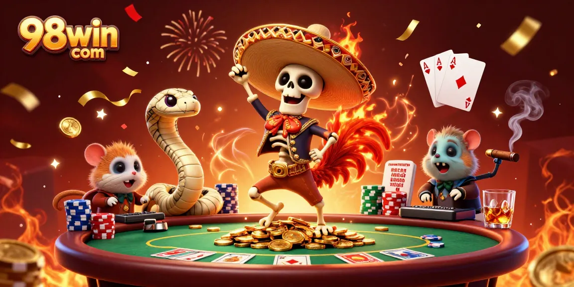 Experience the vibrant energy of 98win com with a celebration of poker in a 3D casino scene.