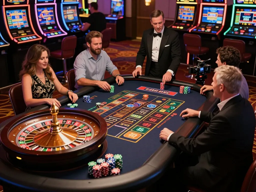 Players engaging in a thrilling roulette game at mk8th casino, vibrant atmosphere.