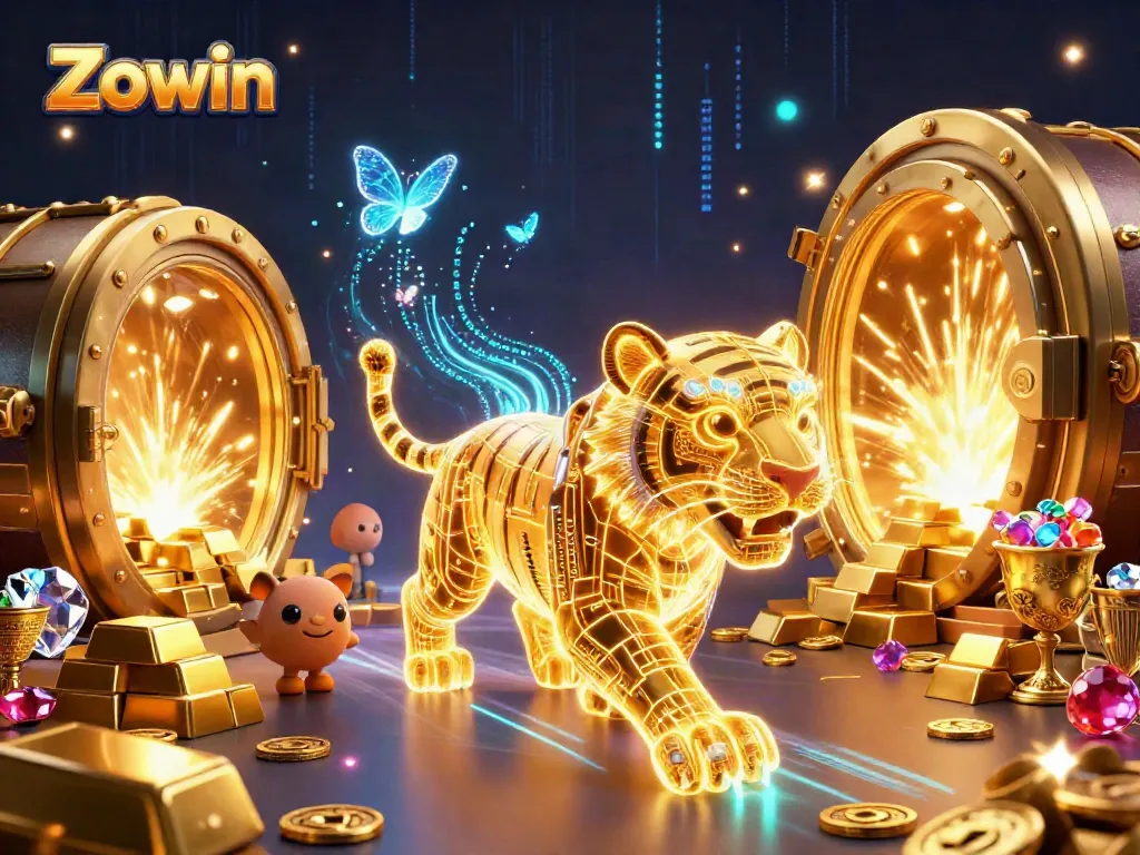 Zowin captivates players with a 3D illustration featuring a glowing tiger and treasures in a vibrant digital casino.