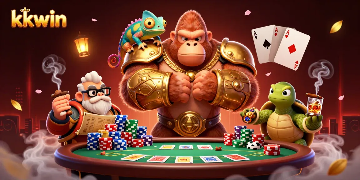 Engage with Kkwin's vibrant 3D casino scene showcasing a gorilla king and card elements.