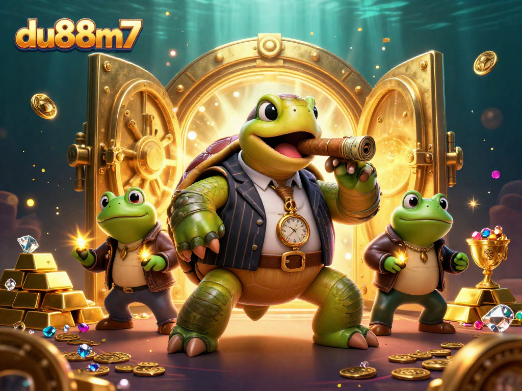 Engage with du88m7's vibrant casino scene featuring a turtle in a suit and dynamic gaming elements.