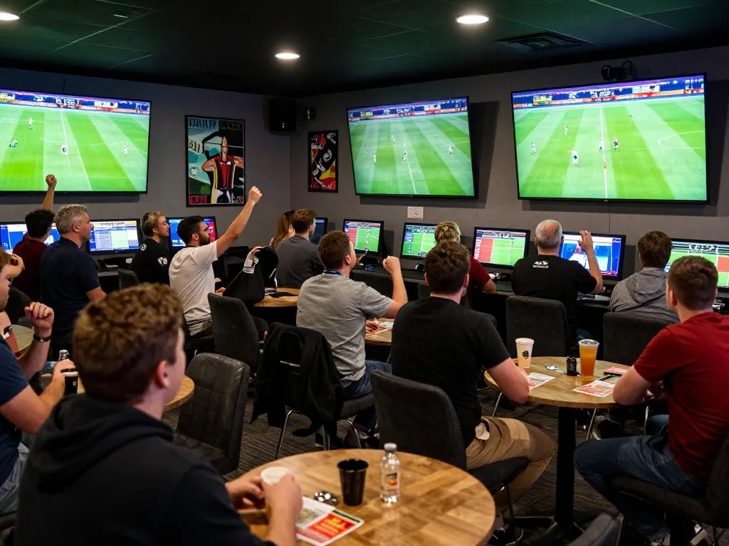 Football betting scene capturing excitement of fans placing wagers on ฟุตบอล matches in a lively sports bar.