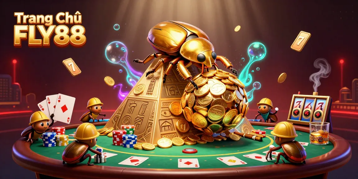 Experience the dynamic world of Trang Chủ FLY88 featuring golden beetles and casino symbols.