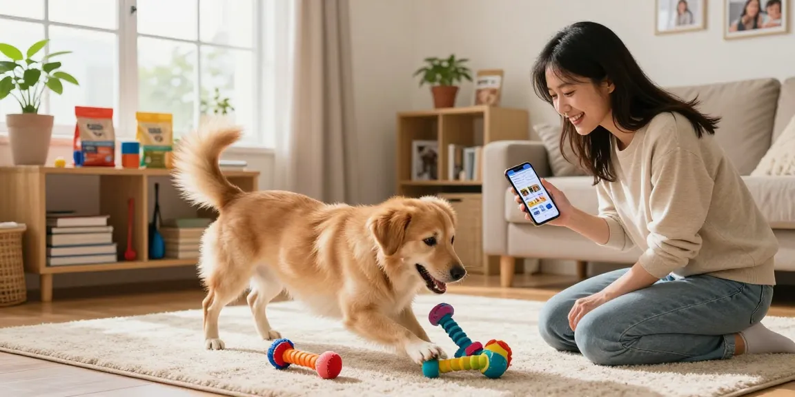 Engaging pet care moment with rokok88 tips being shared for dog training in a bright living room.