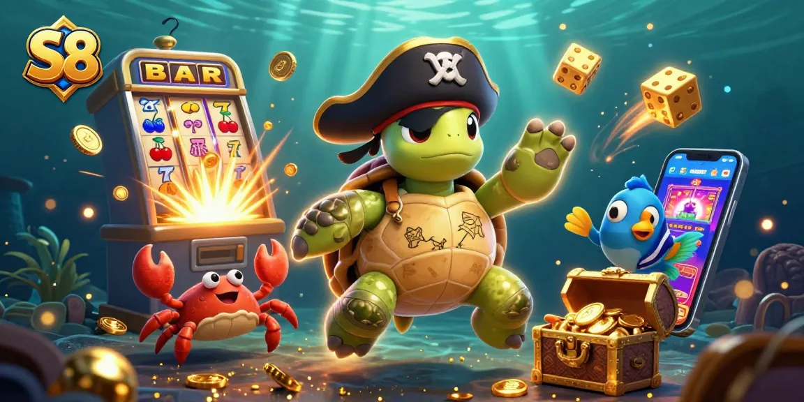 S8 players enjoy casino games with a vibrant 3D pirate turtle, treasure, and slot machines in an underwater scene.