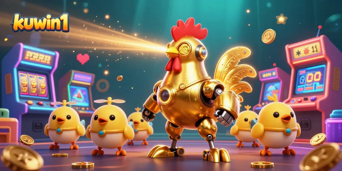 Engage with kuwin1's vibrant gaming world featuring a golden rooster robot and interactive arcade elements.