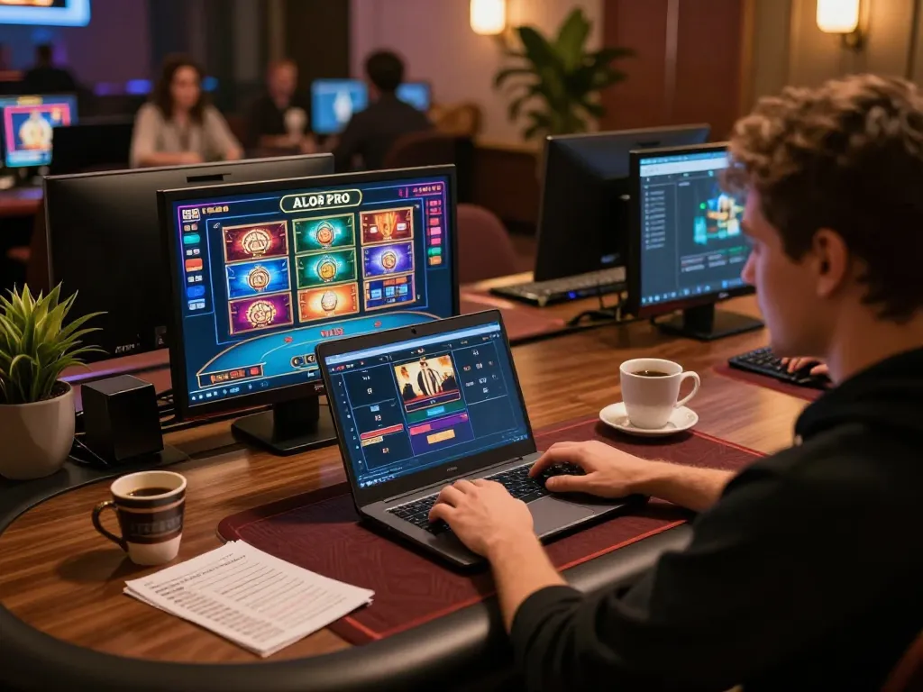 Player engaging with ALO8 PRO online casino experience on a laptop at home, showcasing interactive gaming