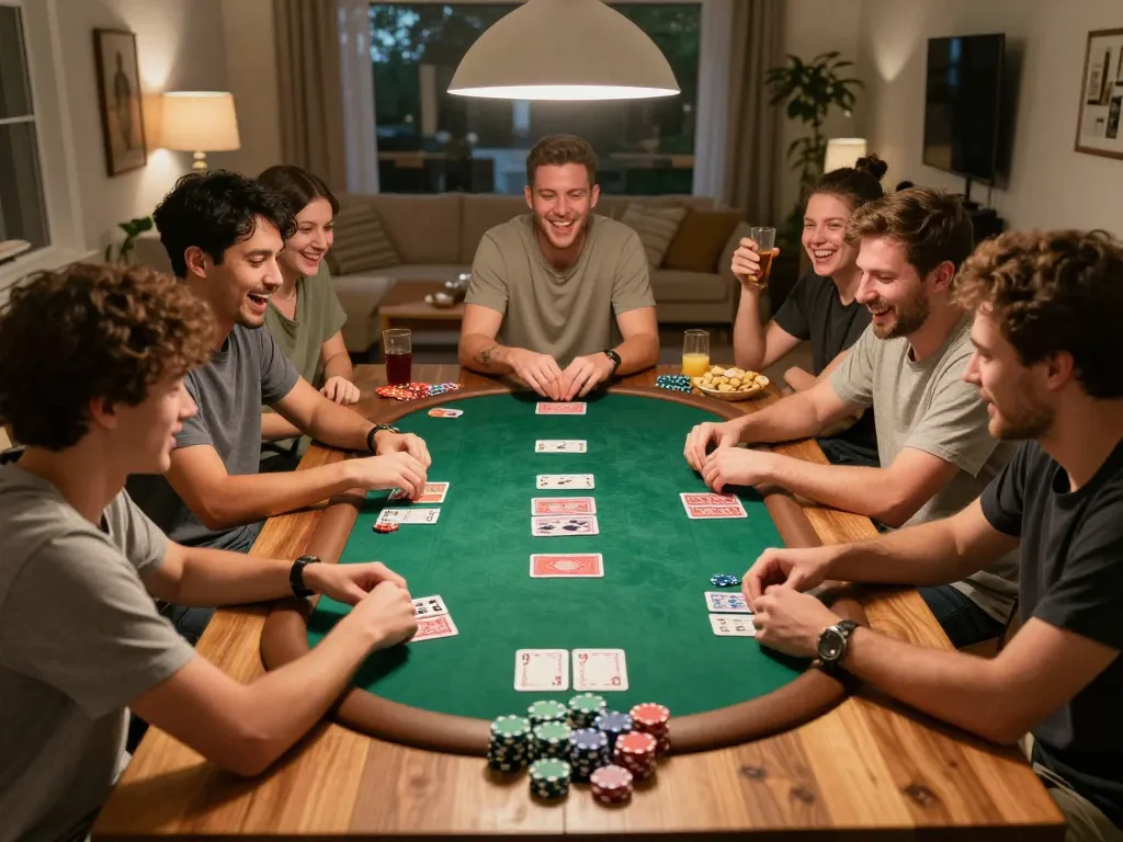 Friends enjoy a lively poker game, creating an inviting atmosphere at trang chủ mm88 home.